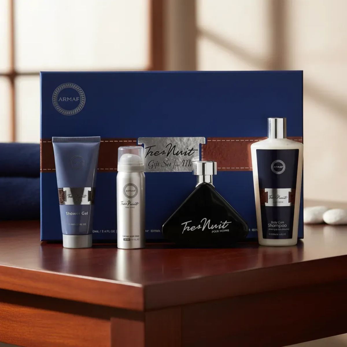 Kit Armaf Tres Nuit com perfume 100ml, body spray, gel de banho e shampoo